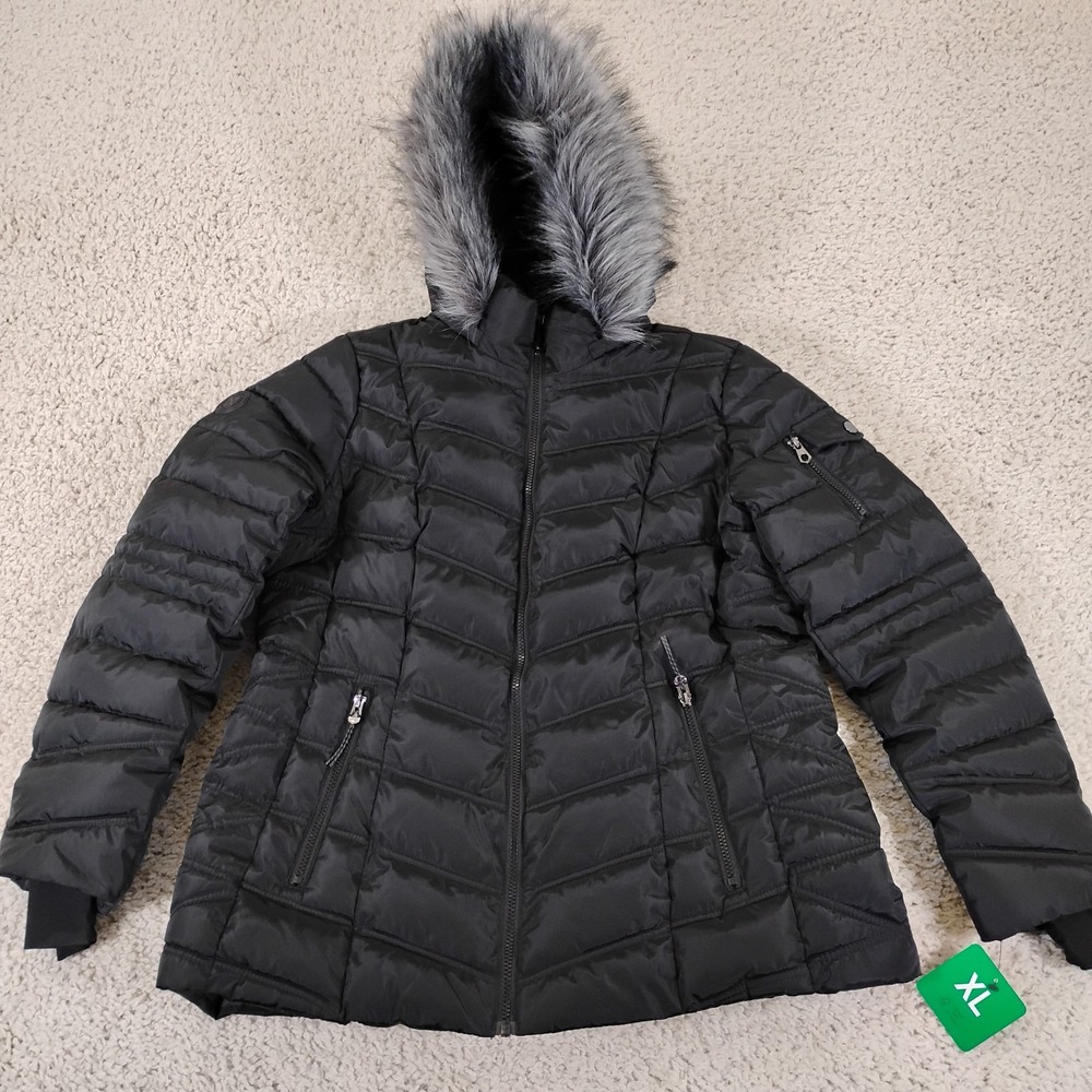 Nautica Jacket Womens XL Black Faux Fur Trim Hooded Midweight Puffer Snow Water